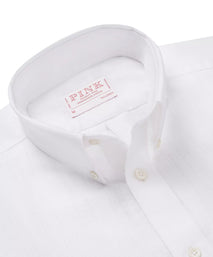 White Tailored Fit Business Casual Button Down Collar Linen Tonal Stripe Shirt