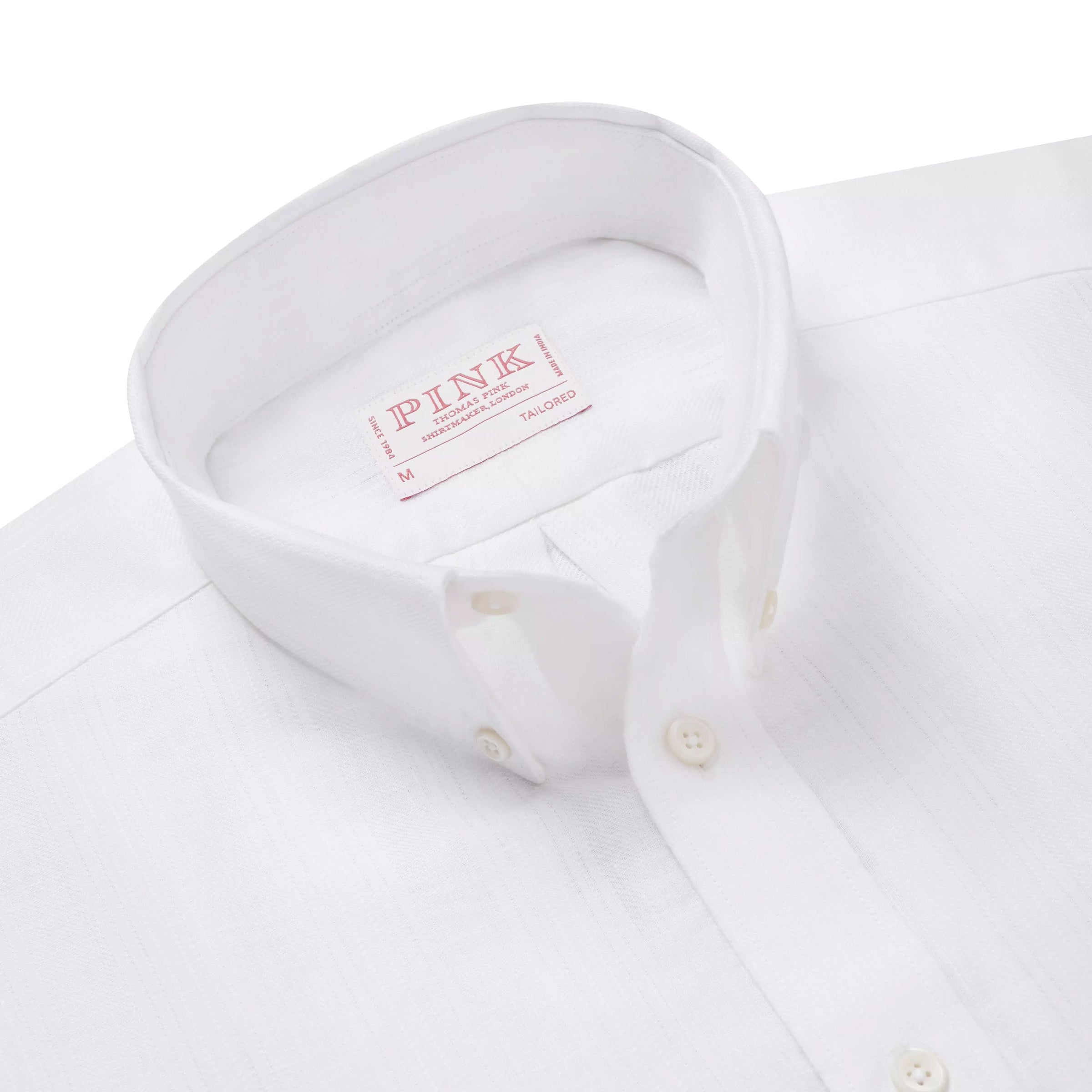 White Tailored Fit Business Casual Button Down Collar Linen Tonal Stripe Shirt