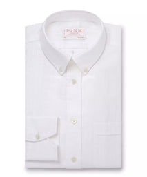 White Tailored Fit Business Casual Button Down Collar Linen Tonal Stripe Shirt