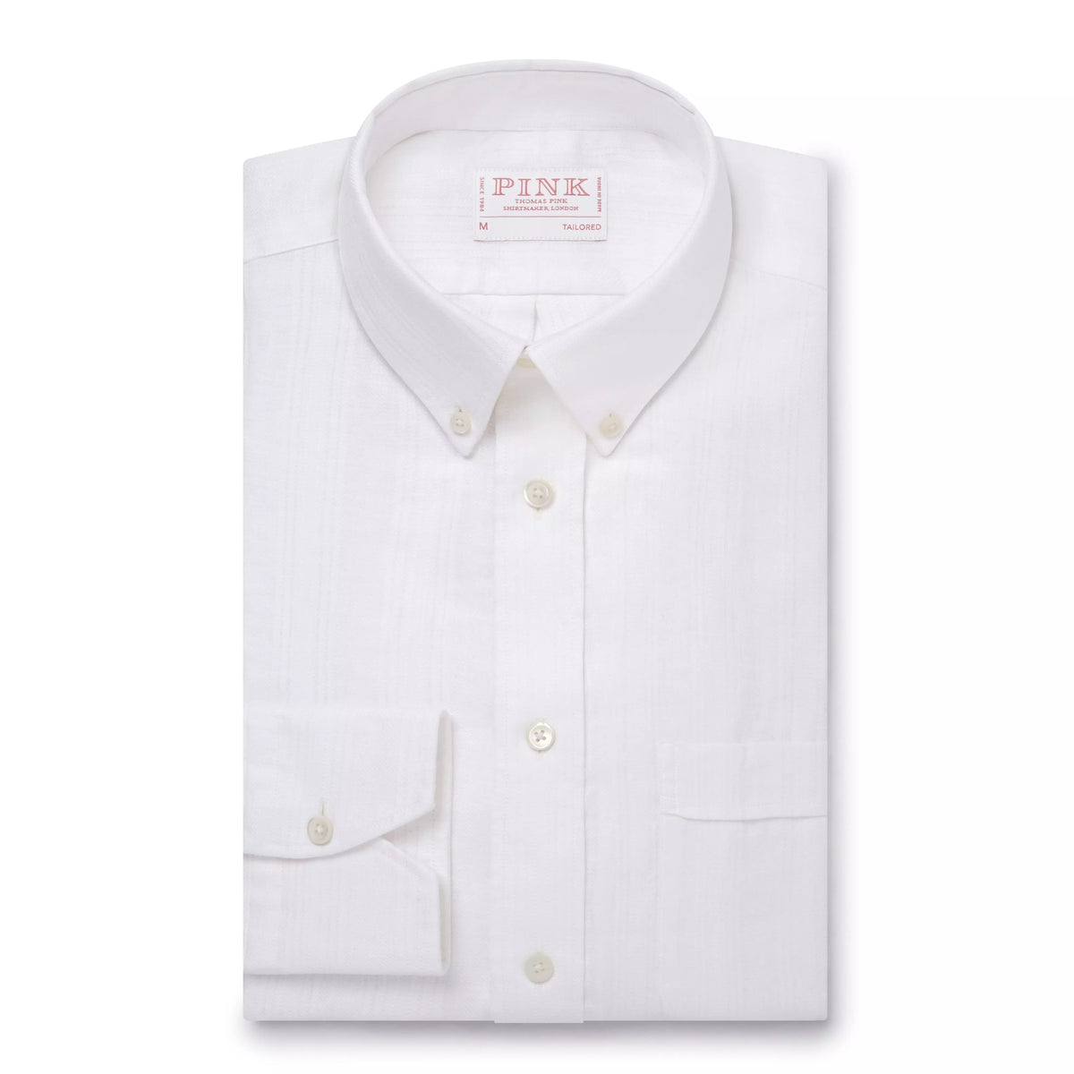 White Tailored Fit Business Casual Button Down Collar Linen Tonal Stripe Shirt