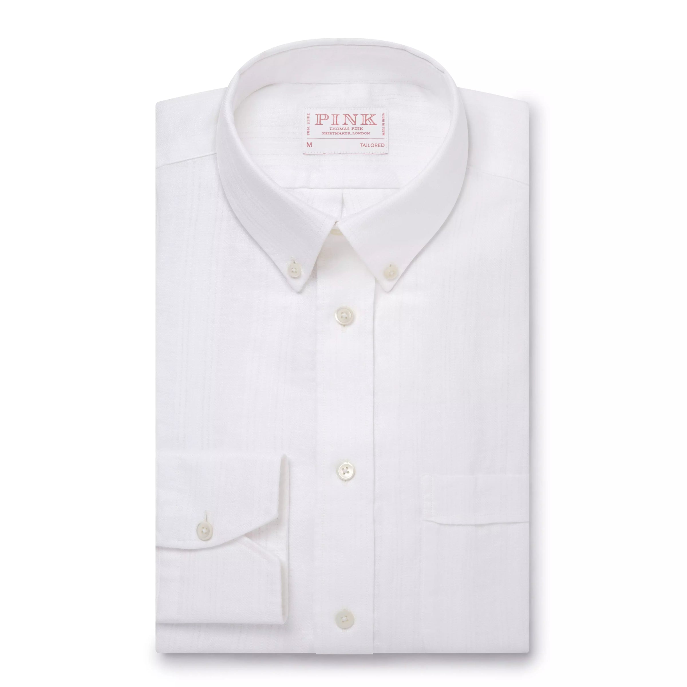 White Tailored Fit Business Casual Button Down Collar Linen Tonal Stripe Shirt