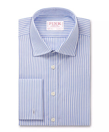 Blue & White Classic Fit French Cuff Panama Stripe Dress Shirt