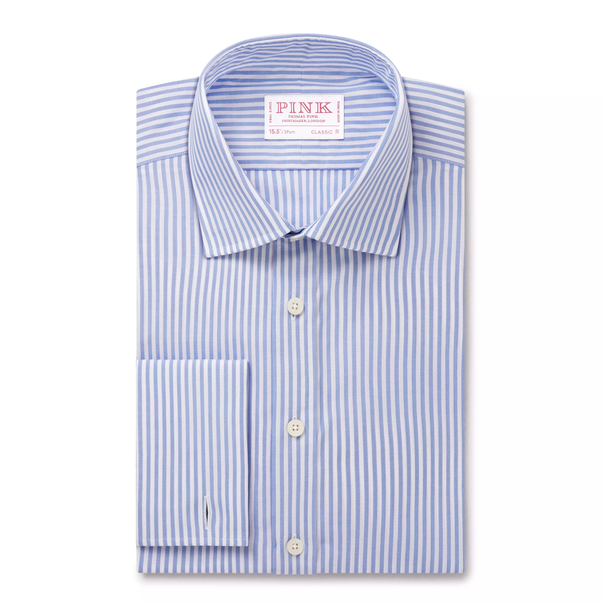 Blue & White Classic Fit French Cuff Panama Stripe Dress Shirt