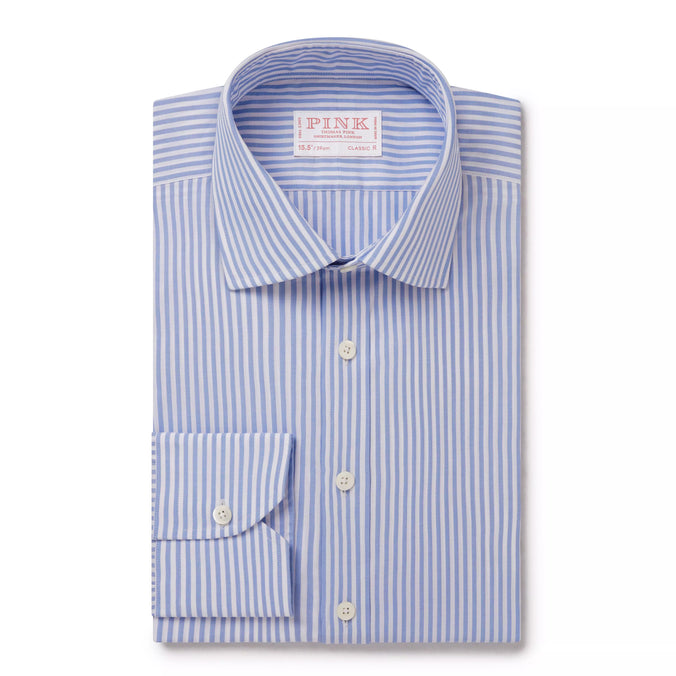 Blue & White Classic Fit Panama Stripe Dress Shirt