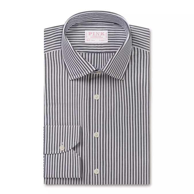 Charcoal Grey & White Classic Fit Panama Stripe Dress Shirt