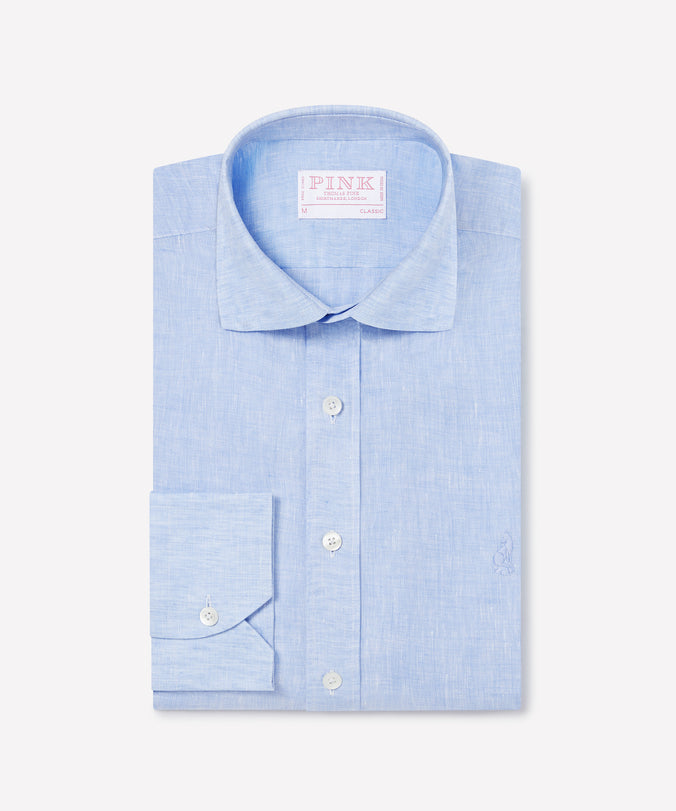 Pale Blue Classic Fit Essential Linen Business Casual Shirt