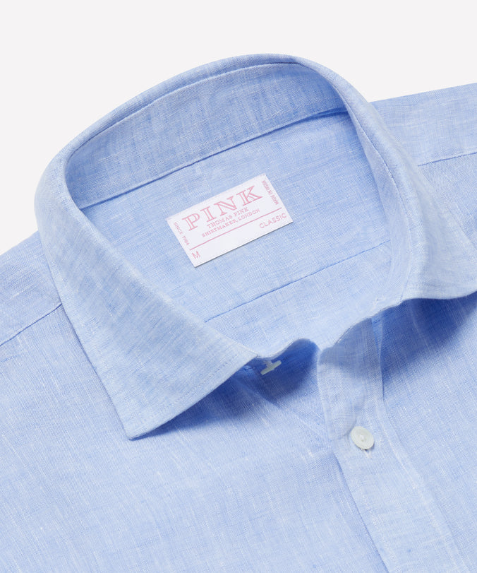 Pale Blue Classic Fit Essential Linen Business Casual Shirt
