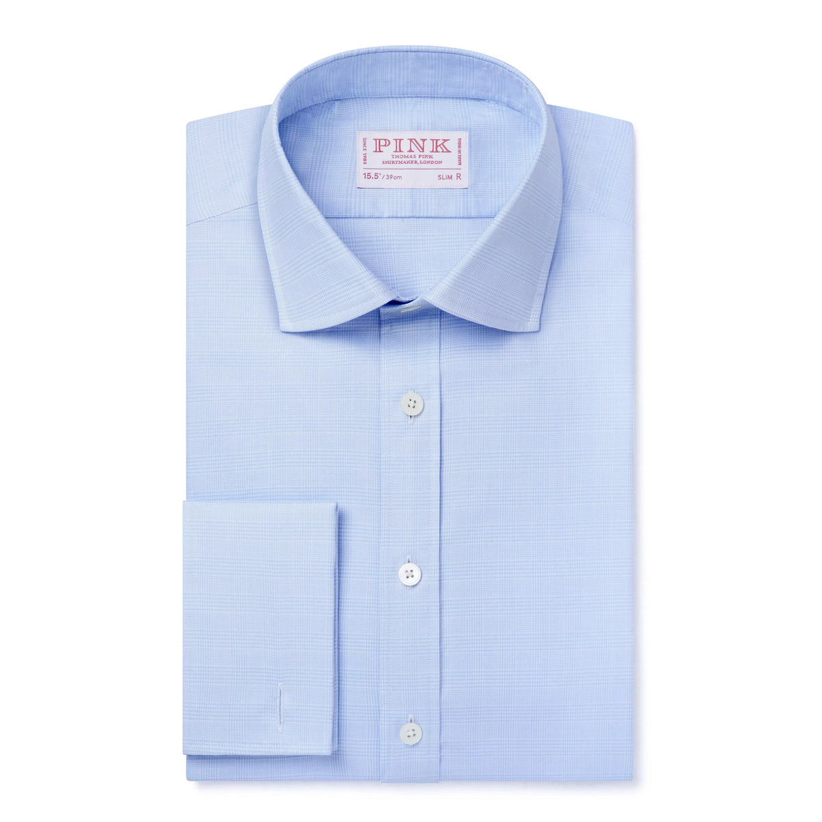 Pale Blue & White Slim Fit French Cuff Prince of Wales Check Dress Shirt