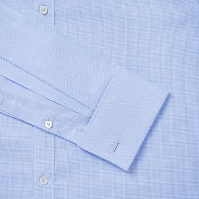 Pale Blue & White Slim Fit French Cuff Prince of Wales Check Dress Shirt