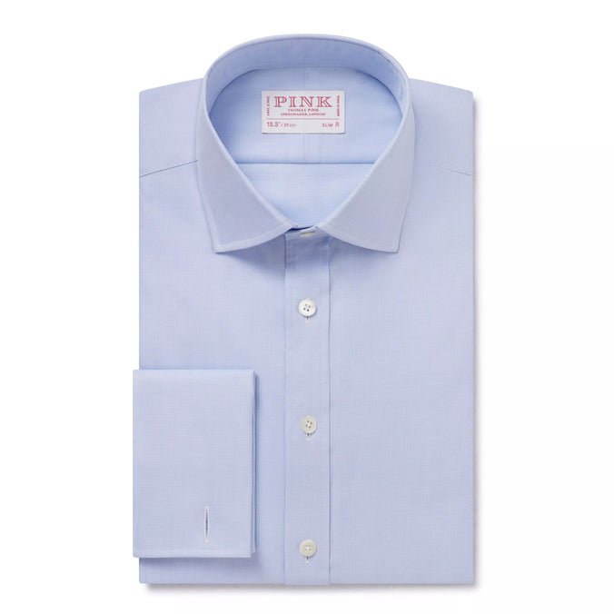 Pale Blue & White Slim Fit French Cuff Puppytooth Dress Shirt