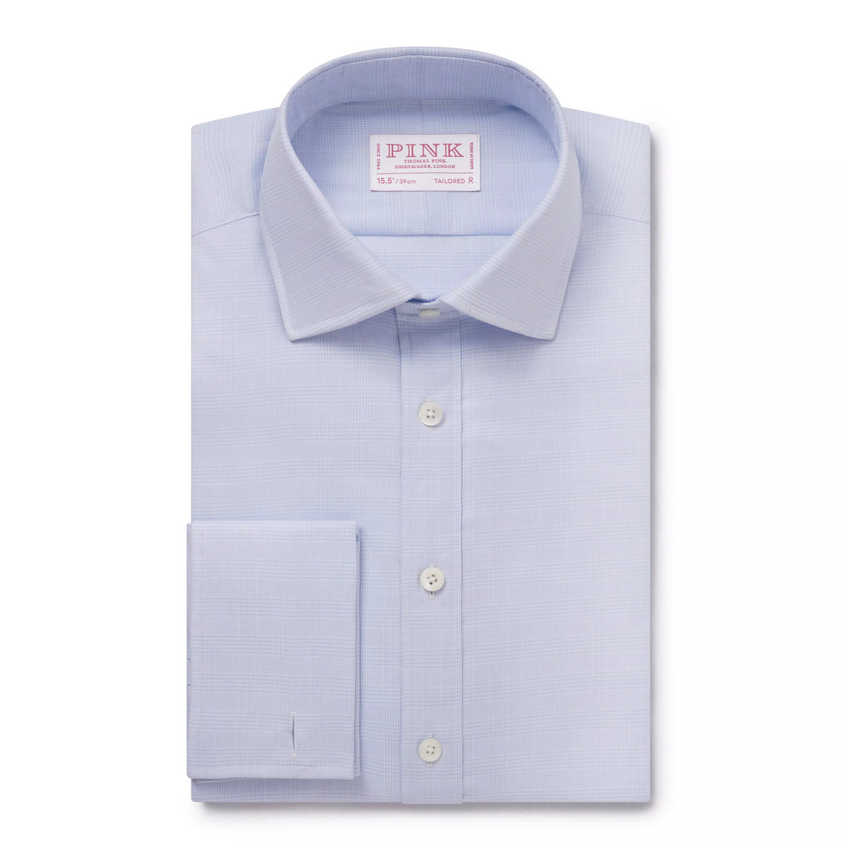 Pale Blue & White Tailored Fit French Cuff Prince of Wales Check Dress Shirt