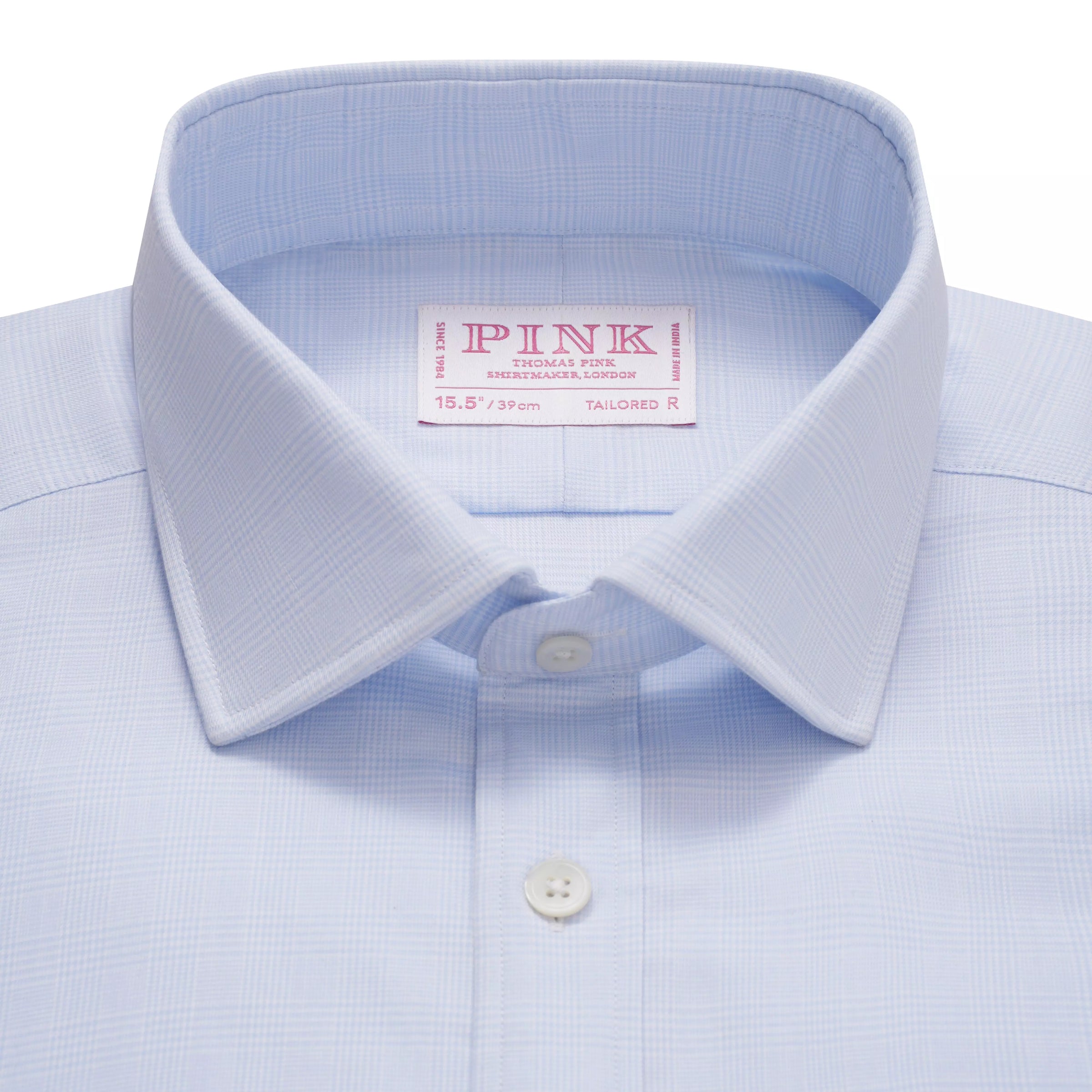 Pale Blue & White Tailored Fit French Cuff Prince of Wales Check Dress Shirt