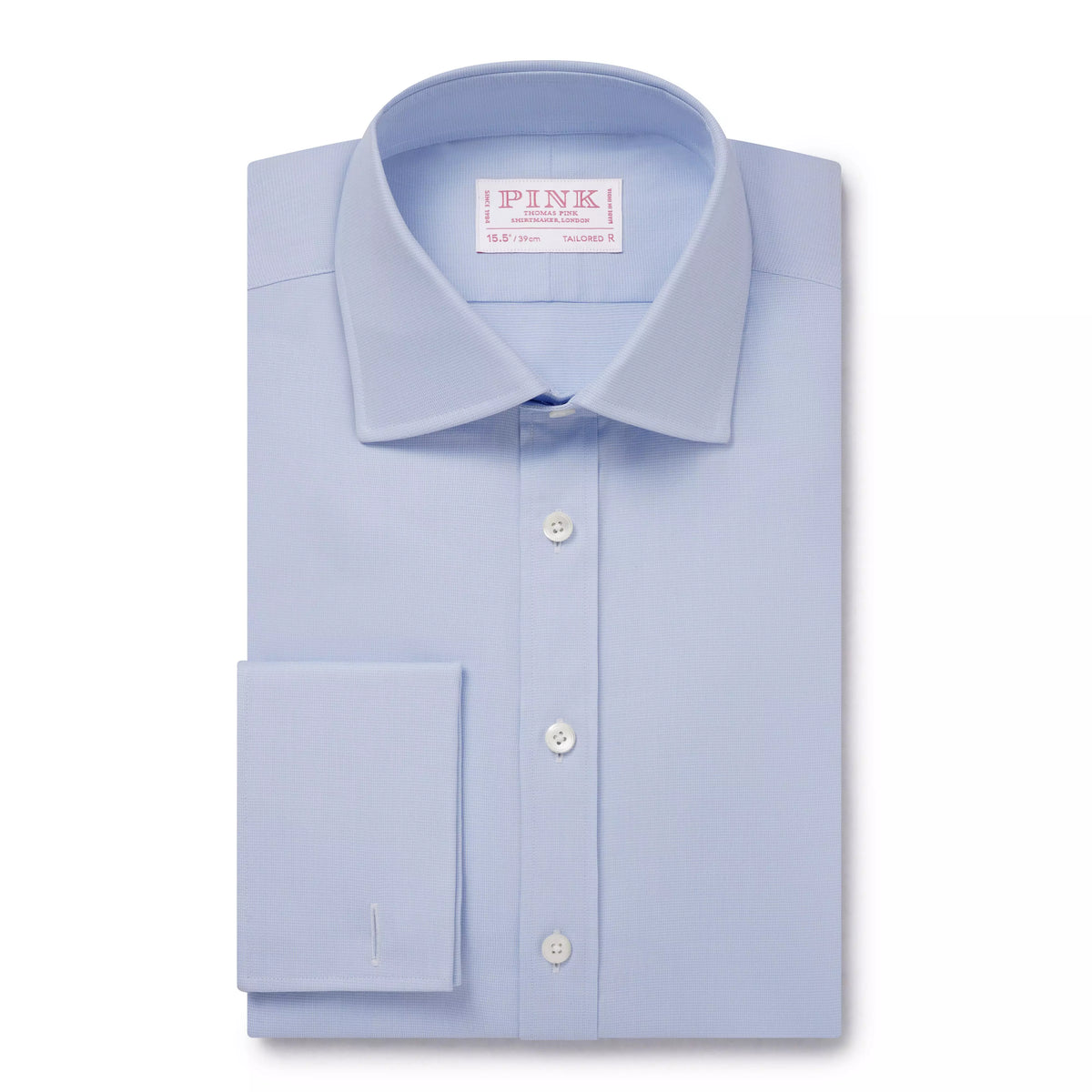 Pale Blue & White Tailored Fit French Cuff Puppytooth Dress Shirt