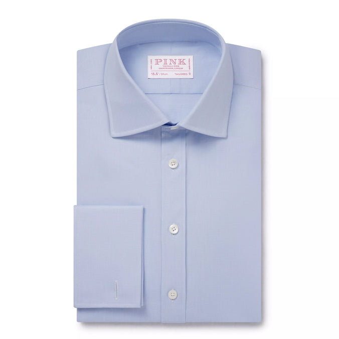 Pale Blue & White Tailored Fit French Cuff Puppytooth Dress Shirt