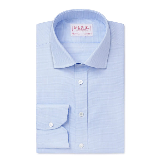 Pale Blue & White Tailored Fit Prince of Wales Check Dress Shirt