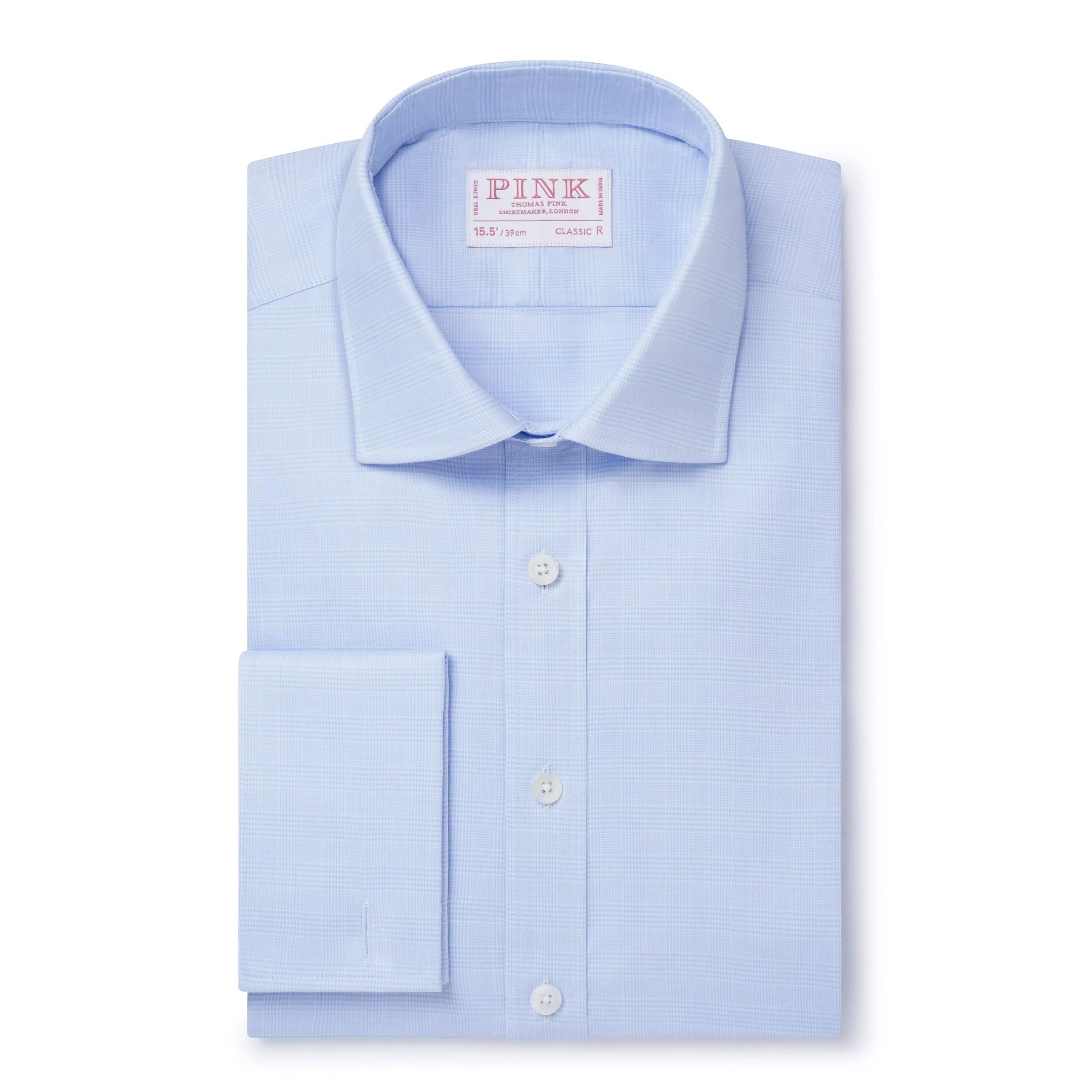 Pale Blue & White Classic Fit French Cuff Prince of Wales Check Dress Shirt