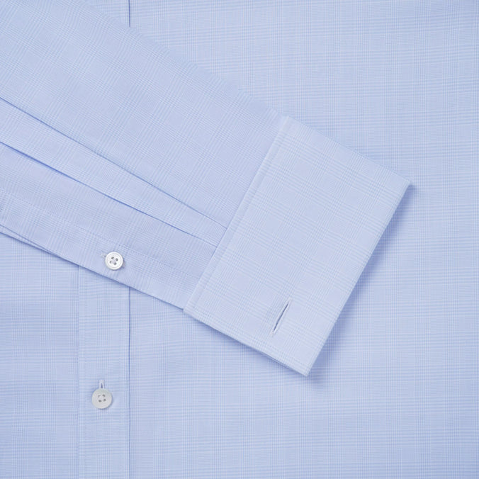 Pale Blue & White Classic Fit French Cuff Prince of Wales Check Dress Shirt