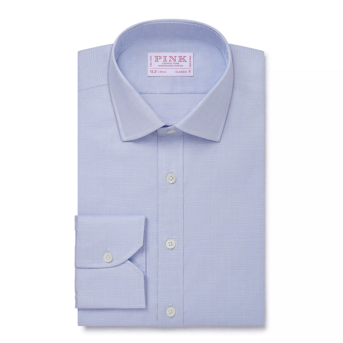 Pale Blue & White Classic Fit Prince of Wales Check Dress Shirt