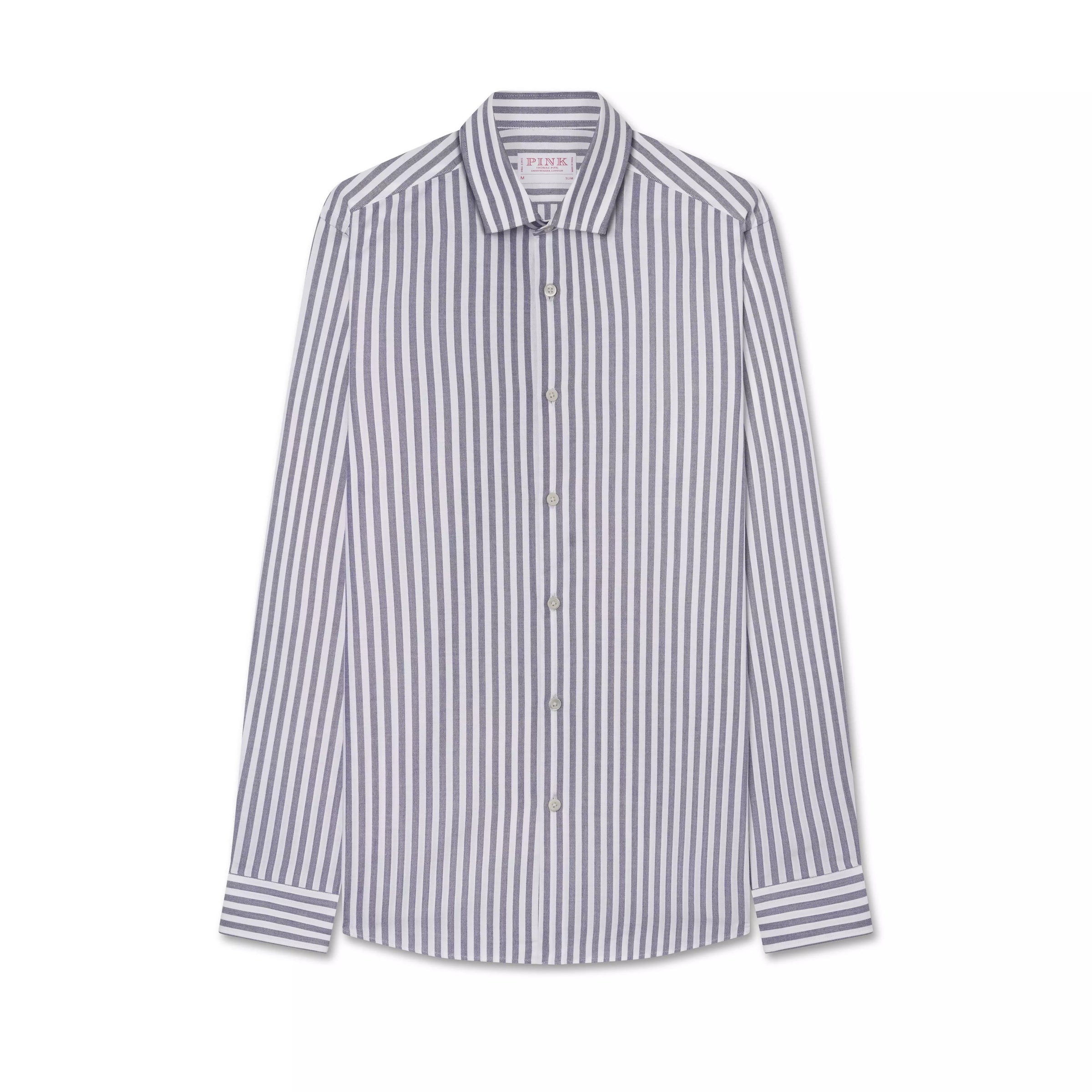 Navy Blue & White Slim Fit Business Casual Striped Oxford Shirt