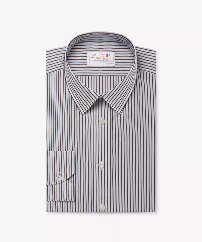 Brown & White Tailored Fit Smart Casual Striped Cotton Shirt