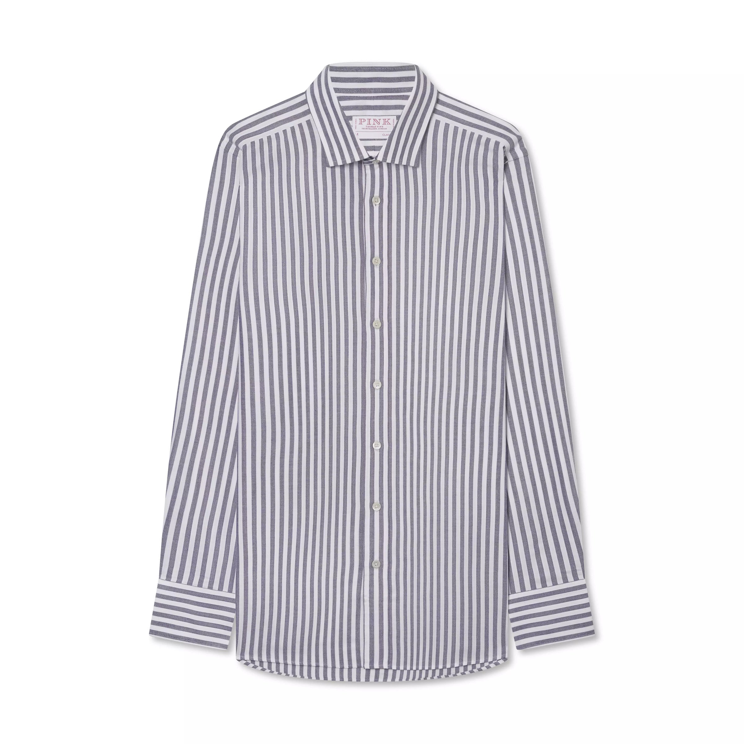 Navy Blue & White Classic Fit Business Casual Striped Oxford Shirt