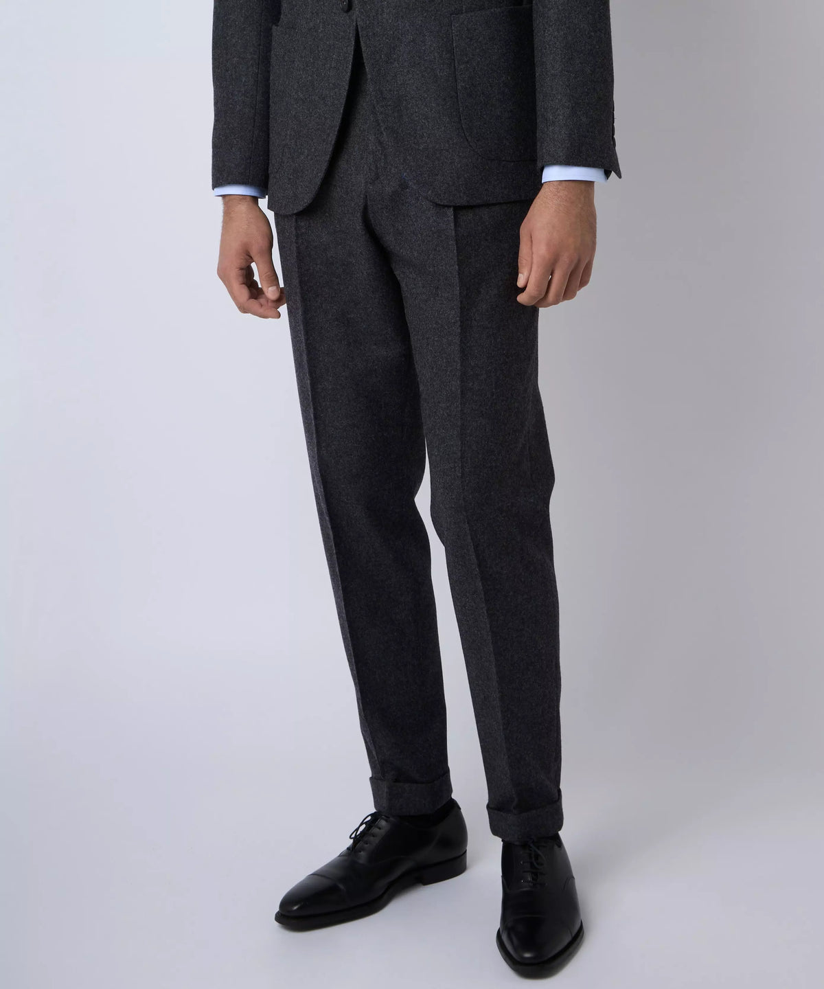 Charcoal Grey Tailored Fit Melange Merino Wool Pleated Pants