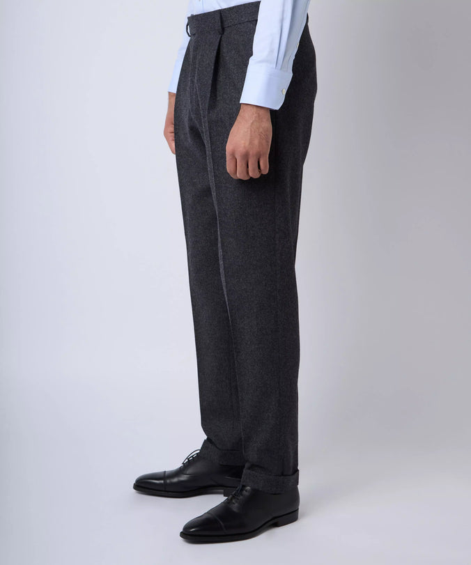 Charcoal Grey Tailored Fit Melange Merino Wool Pleated Pants