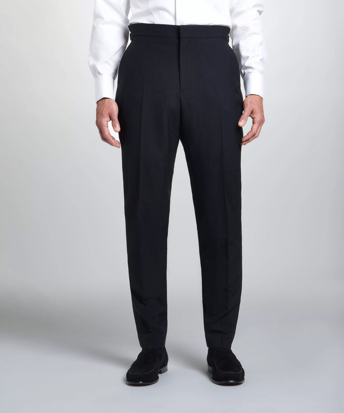 Black Tailored Fit Merino Wool Flat Front Evening Pants