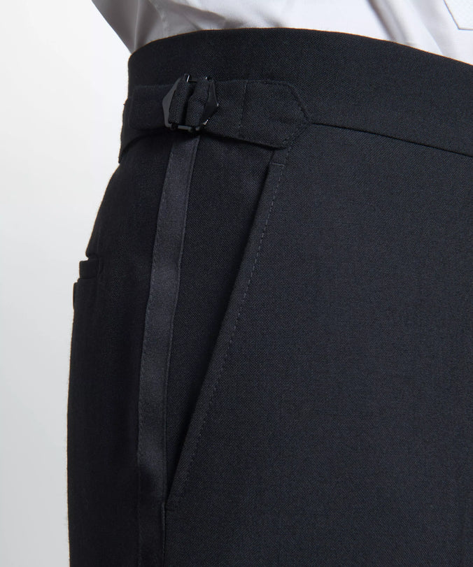 Black Tailored Fit Merino Wool Flat Front Evening Pants