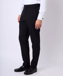 Black Tailored Fit Merino Wool Flat Front Evening Pants